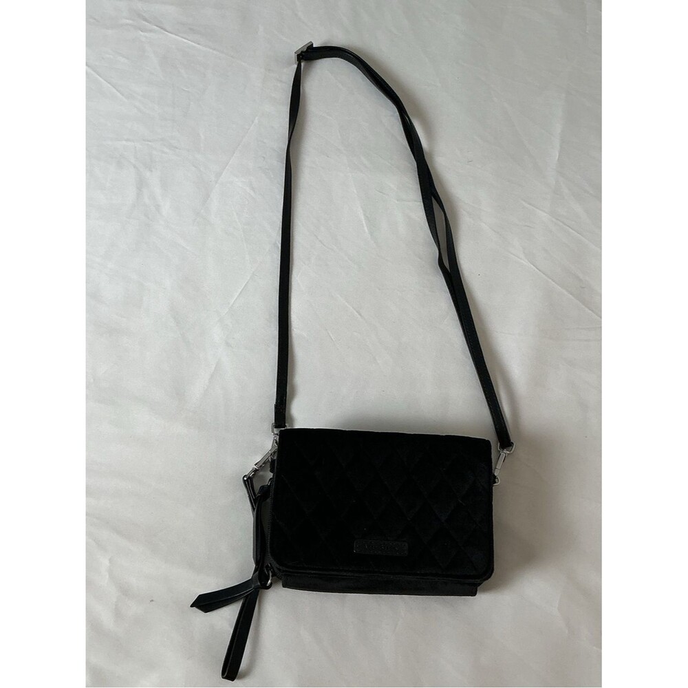 Vera Bradley Black Quilted Crossbody Wallet – Floral Interior, Adjustable Strap